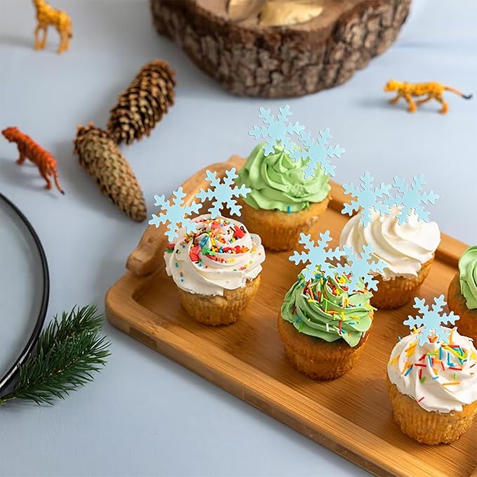 Rsstarxi 50 Pack Edible Snowflake Cake Toppers Snowflakes Cake Decorations Winter Frozen Snowflake Cupcake Toppers for Winter Theme Baby Shower Birthday Party Cake Decorations Blue