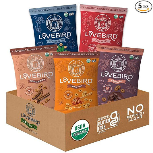 Lovebird Organic Gluten Free Cereal, Sampler Pack ??Prebiotic Fiber, Gut Health, Low Sugar, Grain Free, Breakfast or Snack ??Healthy Cereal Made With Real Food, 5 Pack, Kids & Adults