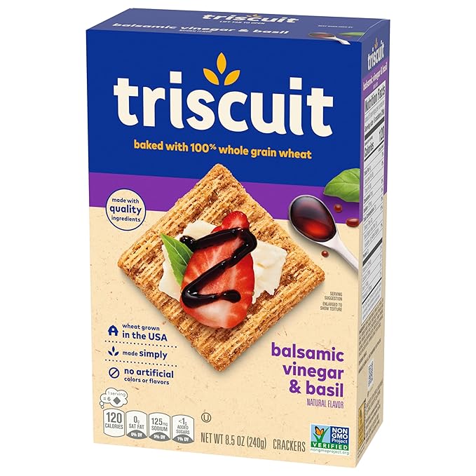 Triscuit Balsamic Vinegar & Basil Whole Grain Wheat Crackers, Lunch Snacks, Bulk Snack Crackers, 6 - 8.5 oz Boxes