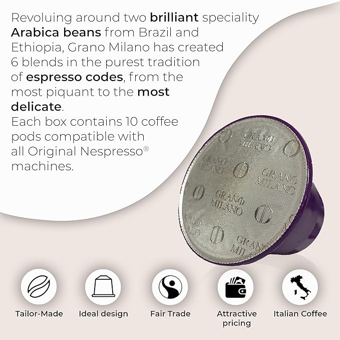 Grano Milano - 50 Espresso Pods Compatible with Nespresso Original line, Medium Roast - Intensity 9/12, Coffee Capsules Made in Italy Espresso Coffee