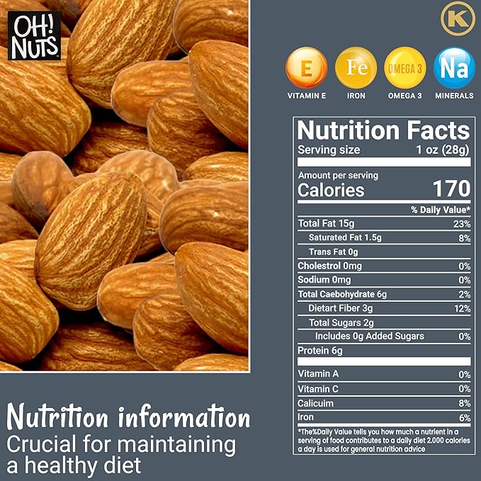 Oh! Nuts Almonds - Dry Roasted Unsalted Almonds - 2 lb - No Salt, No Oil All-Natural Protein - Packed in New York Zip-Seal Bag for Exceptional Freshness