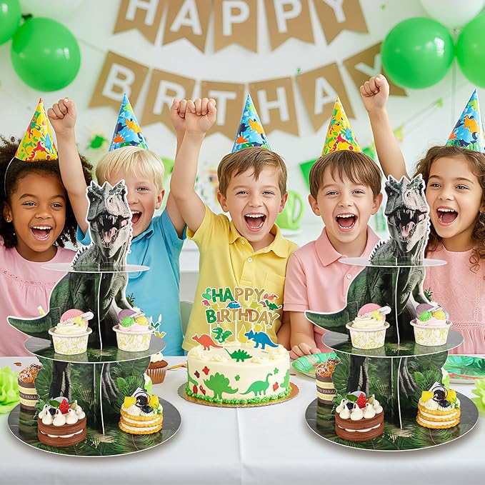 2 Pack Dinosaur Cupcake Stand Dinosaur Birthday Decorations 3 Tier Dino Cupcake Holder Dessert Tower Party Decorations for Boys Kids Baby Shower Jungle Theme Party Supplies