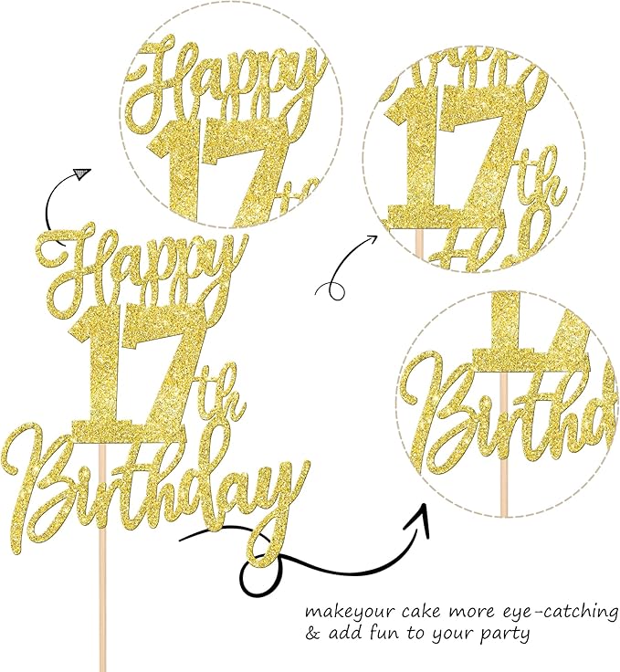 1 PCS Happy 17th Birthday Cake Topper Glitter Cheers to 17 Years Birthday Cake Pick Seventeen Hello 17 Cake Decoration for Happy 17th Birthday Anniversary Theme Party Decorations Supplies Gold