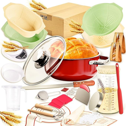 Super All-Inclusive Sourdough Bread Baking Supplies 50 oz Sourdough Starter kit with Pot, 4 Silicone Bread Proofing Baskets, Starter Jar, Scraper, Scale, Bread Making Tools & More (Red)