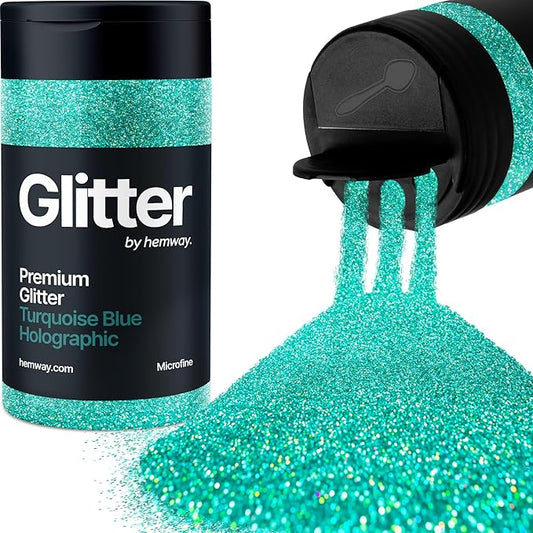 Hemway Premium Glitter Shaker - Turquoise Blue Holographic | Microfine Metallic Flake Sequins for Resin & Epoxy Crafts | Craft Supplies for Tumblers, Festival, Face, Body, Eye & Nail Art | 125 g