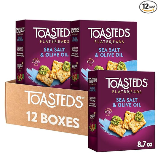 Toasteds Flatbreads Crackers, Party Snacks, Lunch Snacks, Sea Salt and Olive Oil (12 Boxes)