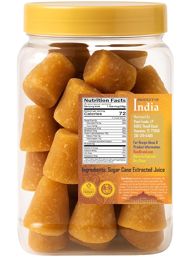 Rani Kolhapuri Jaggery Cubes (Unrefined Cane Sugar) 17.5oz (1.1lbs) 500g PET Jar ~ All Natural, No Color added, Gluten Friendly | Vegan | NON-GMO | Kosher | No Salt or fillers