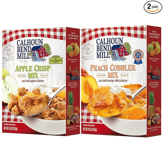 Calhoun Bend Mill Variety Bundle Mixes | Easy to Make Homemade Dessert for Apples, Peaches, Berries | Ideal for Gourmet Baking and Dessert Delights | Apple Crisp Mix - 8 Oz + Peach Cobbler Mix - 8 Oz