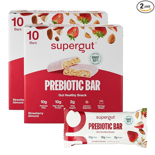 Supergut GLP-1 Boosting Prebiotic Bars, Strawberry Almond - Gut Healthy Protein Snacks & Breakfast Bars - Keto-Friendly Meal Replacement Energy Bars for Gut Health (2 Pack - 20 Count)