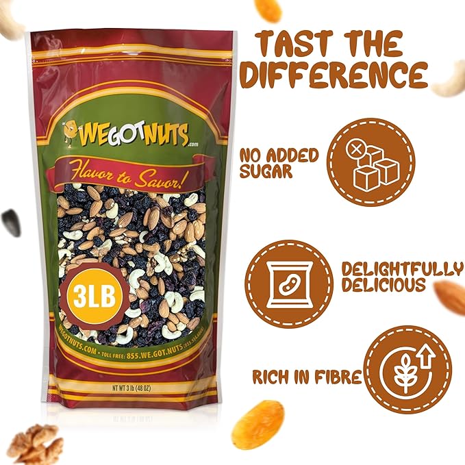 We Got Nuts Trail Mix Premium Blend with Almonds, Cashews, Cranberries, Raisins,Filberts and Walnuts Kosher Certified 3 lb Resealable Bag