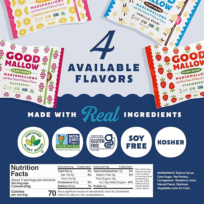 GoodMallow Vegan Marshmallows - Large Kosher Gluten Free Dairy Free Healthy Marshmallows - Natural Gelatin Free for Hot Chocolate, Smores, Baking - Nothing Artificial - Raspberry