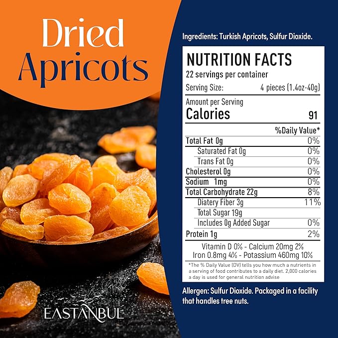 Eastanbul Dried Apricots, 2lb, Apricots Dried Fruits Snacks, No Sugar Added, Premium Turkish Fruit Yet Moist & Plump, Guilt-Free, Non-GMO, Whole Pitted, Vegan, Gluten Free