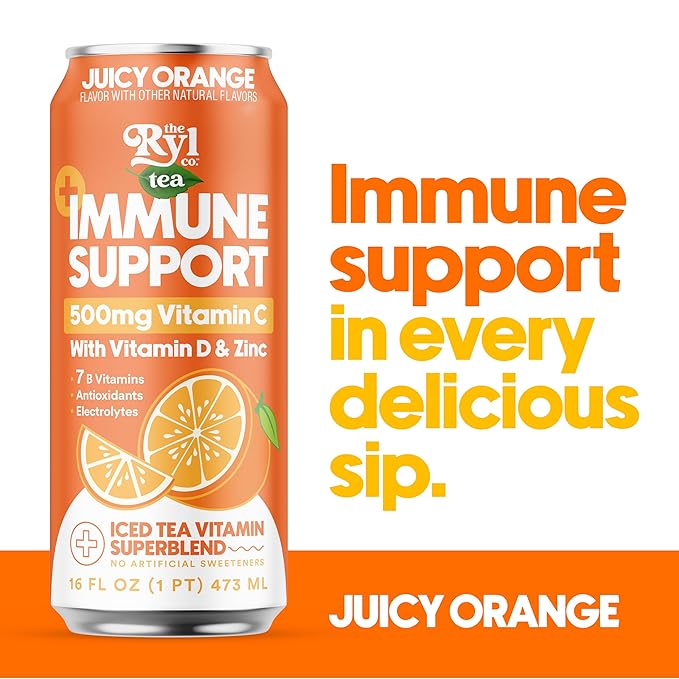 Ryl Immune Support Iced Tea, Juicy Orange, 500mg Vitamin C with Vitamin D & Zinc, Zero Sugar, Zero Calories, 16.0 Fl Oz (12-Pack)