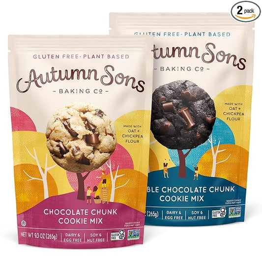 Autumn Sons Baking Co. Gluten Free Chocolate Chunk & Double Chocolate Chunk Cookie Mix Combo Pack. Vegan Plant Based Baking Mix. Free From 11 Common Allergens. 9.3 oz (Pack of 2)