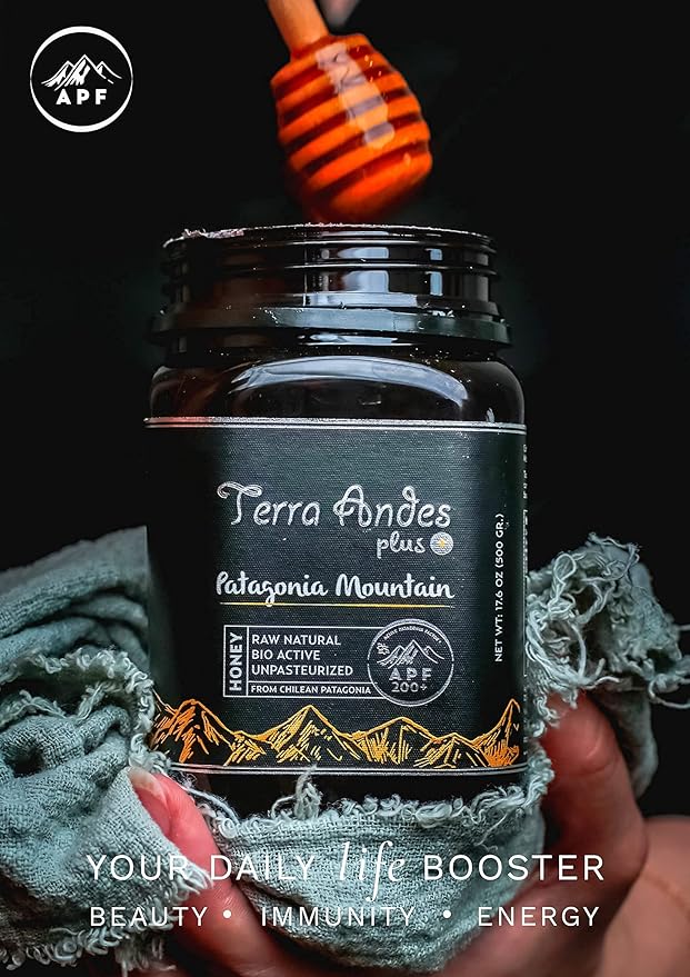 Patagonia Mountain Honey APF 100+ by TERRA ANDES PLUS | Raw natural organic honey. Highest bioactive grade. Made in Chilean Patagonia. 100% pure. NON Gmo. Awarded worldwide. Unfiltered Honey, 8.8 oz