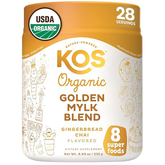 KOS Golden Mylk with Tumeric and Ginger, Organic Superfood Latte Powder, Adaptogen Mushroom Blend - Coffee Creamer, Dessert & Smoothie - Caffeine Free, Vegan, Dairy-Free, Gingerbread Chai, 28 Servings