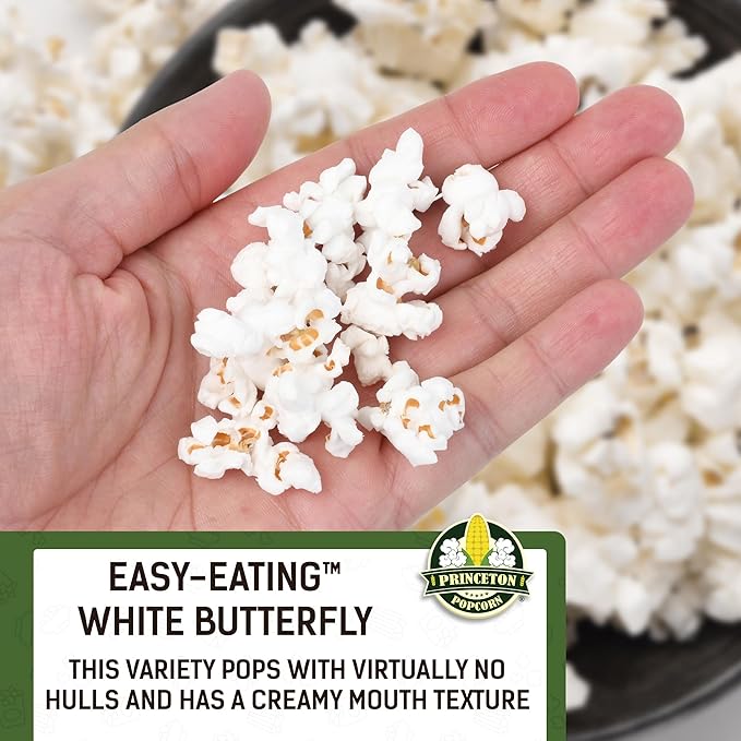 Princeton Popcorn White Butterfly Hulless Popcorn Kernels - Easy-Eating, Baby Small Tender Popping Corn, Non-GMO Popcorn Kernels, No Hulls, No Roundup, Direct from Farmer, Microwave Air Popper or Stovetop 32oz Jar