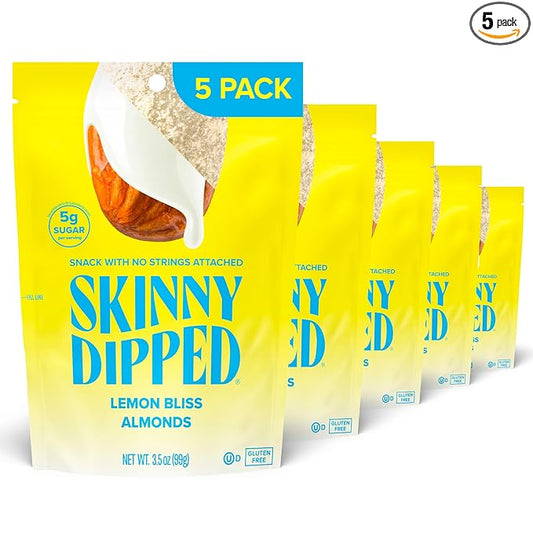 SkinnyDipped Lemon Bliss Almonds, Healthy Snack, Plant Protein, Gluten Free, 3.5 oz Resealable Bags, Pack of 5