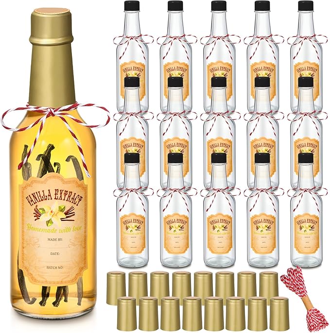 Tioncy 16 Pcs Vanilla Extract Bottles for Homemade Vanilla Jar Glass Bottle with Cap, Shrink Band, Sticker Syrup Gift Food Storage Canister for Bean Sauce Spice(Gold,8.5 oz)