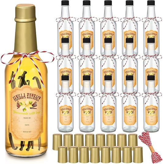 Tioncy 16 Pcs Vanilla Extract Bottles for Homemade Vanilla Jar Glass Bottle with Cap, Shrink Band, Sticker Syrup Gift Food Storage Canister for Bean Sauce Spice(Gold,8.5 oz)