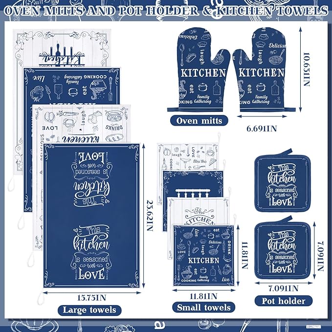Bencailor 12 Pcs Farmhouse Kitchen Decor Sets, 8 Blue Kitchen Dish Towels 2 Pot Holders 2 Oven Mitts Glove, Rustic Hand Towels and Dishcloths Sets for Home Decorations Accessories Christmas Mom Gifts