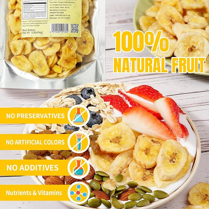 Ternio Dried Banana Chips - 1 lb/453g - Sweetened Dehydrated Banana Flakes - Bulk Healthy Dried Fruit Snack - 100% Natural.