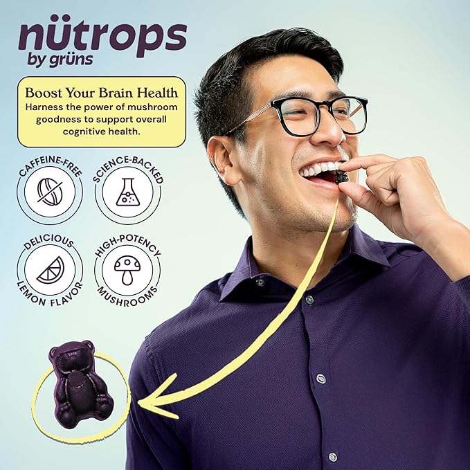 Nutrops Sugar-Free Lions Mane Mushroom Gummies for Adults, Functional Nootropics, Herbal Brain Supplement for Energy, Brain Health, Cognitive, Memory & Focus, Reishi, Chaga, Cordyceps - 28 Day Supply