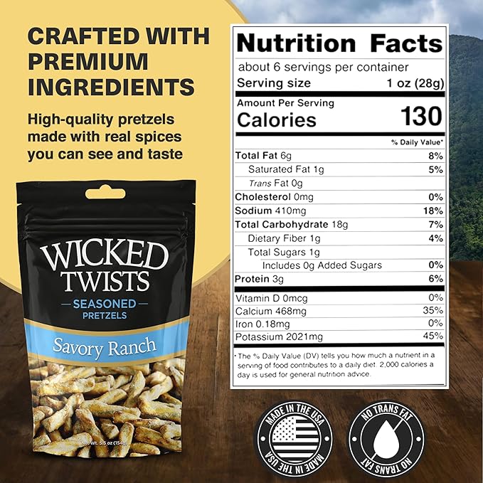 Wicked Twists Savory Ranch Seasoned Pretzels Twists 5.5 oz (1 Pack) Snack Pretzel Sticks Rods, Bold Flavor Snack, Resealable Fresh Pack, Baked Crunch, Party & School-Ready
