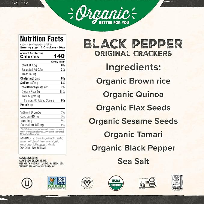 Mary's Gone Crackers Black Pepper Crackers, Vegan Friendly, Kosher, USDA Certified Organic, Gluten Free & Non-GMO, 4 Ounce (Pack of 6)