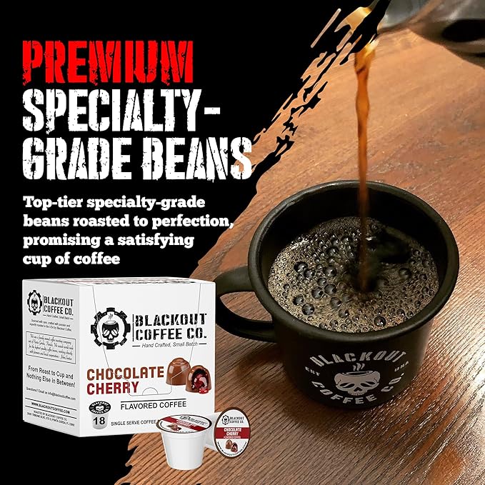 Blackout Coffee Chocolate Cherry Flavored Coffee Pods ??Premium Roasted, Smooth Taste, Guilt-Free Indulgence ??18 Count Single-Serve Pods, American Made
