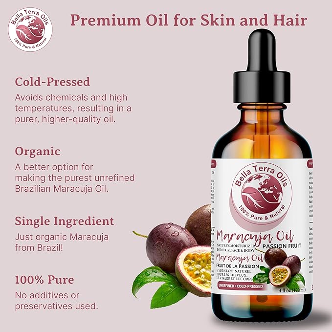 Bella Terra Oils - Maracuja Seed Oil 16oz - Cold-Pressed Purity from Passion Fruit Seeds, Infused with Essential Minerals & Fatty Acids, A Beacon for Skin Care Enthusiasts