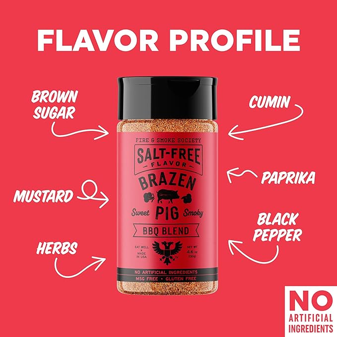 Fire & Smoke Society Salt-Free Brazen Pig BBQ Seasoning | Pork Rub, BBQ Spice Blend | Pork, Chicken, Smoked Butt, Ribs | Brown Sugar, Paprika, Cumin | M 4.6 oz