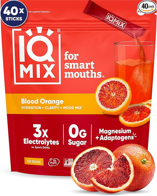 IQMIX Hydration Electrolyte Powder ??4-in-1 Formula for Hydration, Mental Clarity, Mood and Recovery ??Sugar-Free Drink Mix, Keto, Magnesium L-Threonate, Lion?™s Mane ??40 Count Blood Orange