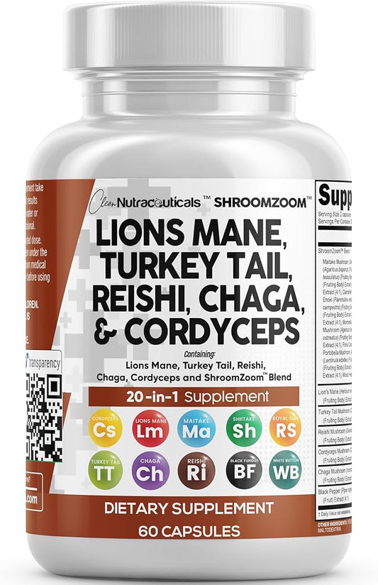Clean Nutraceuticals Lions Mane 20in1 Mushroom Supplement with Turkey Tail Reishi Cordyceps Chaga