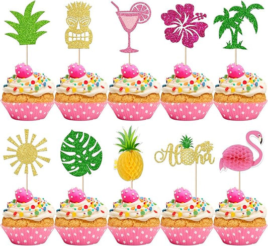 30 Pack Tropical Cupcake Toppers Glitter Leaf Pineapple Palm Tree Flamingo Picks Aloha Luau Cake Decorations for Summer Baby Shower Birthday Party Supplies