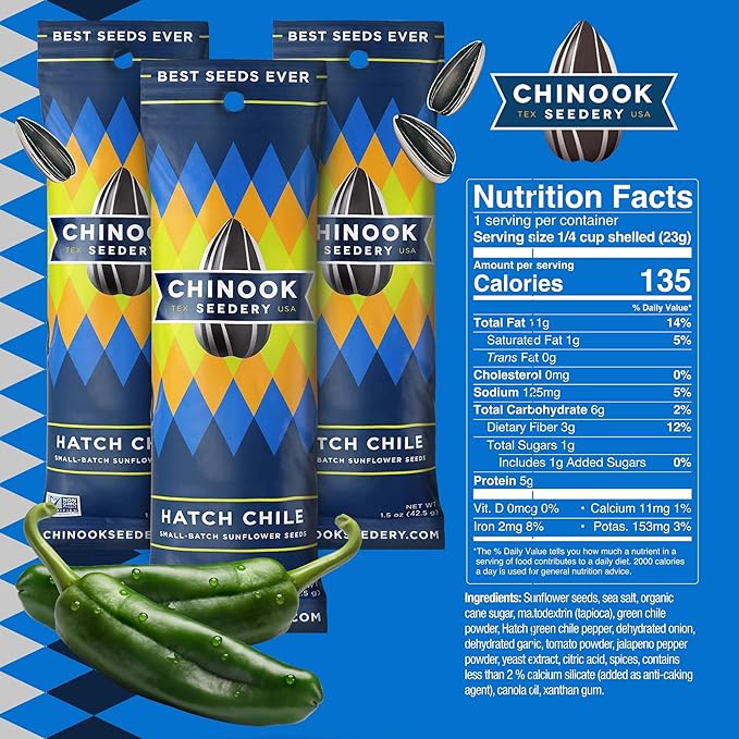 Chinook Seedery Roasted Sunflower Seeds to Eat - 1.5 oz (Pack of 36) Hatch Green Chile - Jumbo Low Sodium Sunflower Seeds Keto Snacks - Adventure, Baseball, School Snacks - Gluten Free, Non GMO Snacks