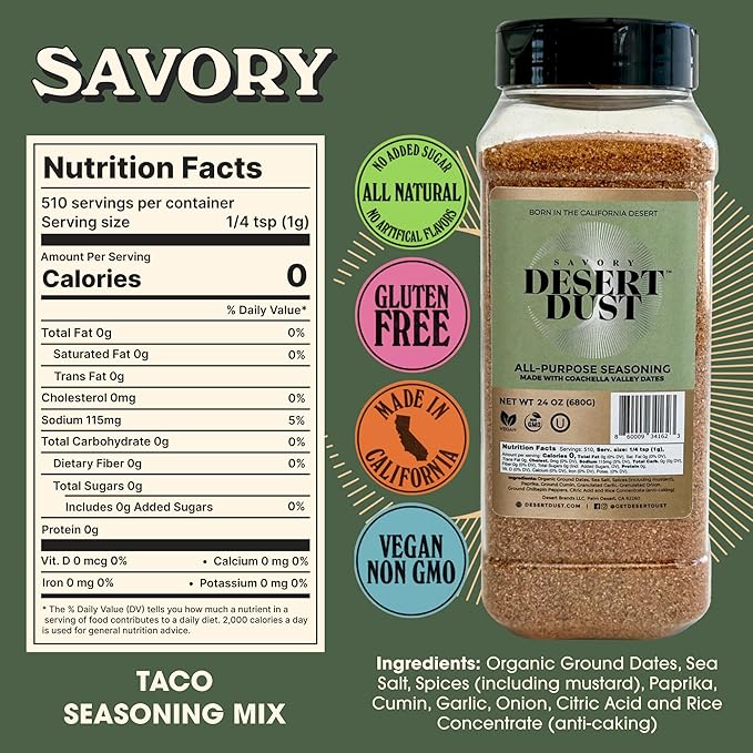 Desert Dust Savory Seasoning ??Organic Date Sugar Gourmet Blend | Smoky, Sweet & Low-Glycemic | All-Purpose Rub for Chicken, Fish, Veggies & More | Gluten-Free, No MSG, No Brown Sugar (24oz)