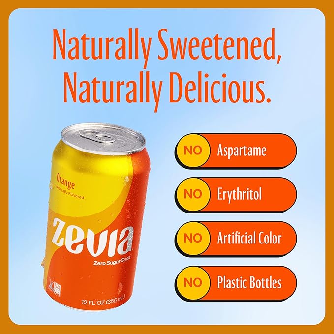 Zevia Zero Sugar Soda, Orange, 12 oz Cans (8-Pack) ??Naturally Sweetened, Non-GMO Project Verified, Gluten-Free, Vegan