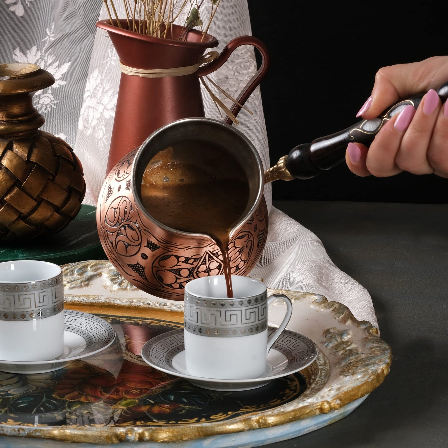 BCS 18 oz Handmade Copper Turkish Coffee Pot, Hand-Engraved Cezve & Spoon