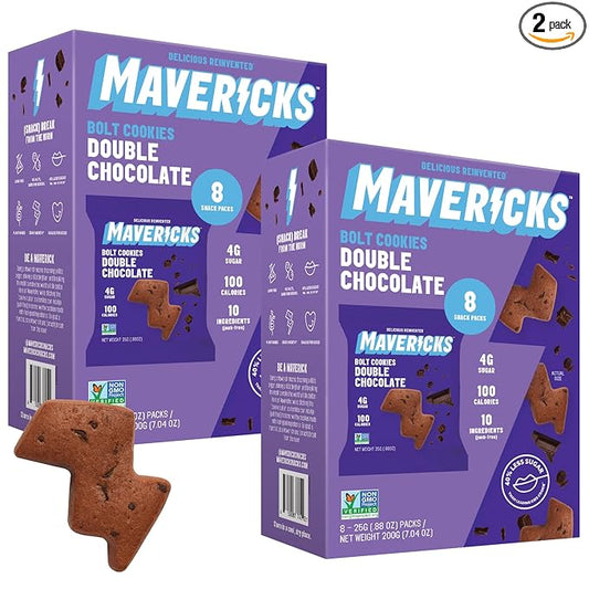 Mavericks Double Chocolate Bolt Cookies - Healthy Chocolate Chip Cookies, Plant-Based Snack for Kids, Nut Free, 40% Less Sugar - 2 Boxes (16 Pouches)