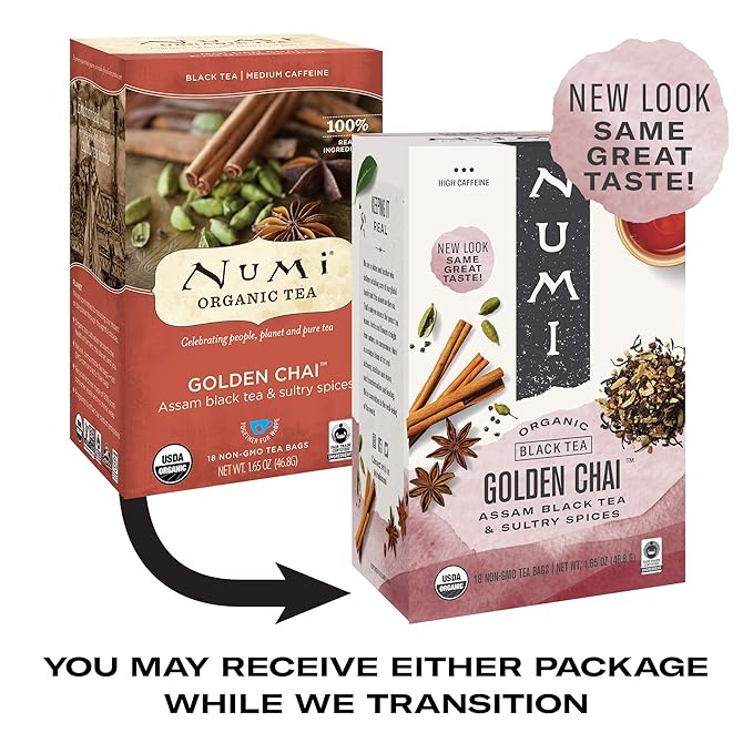Numi Organic Tea Golden Chai, 18 Count Box of Tea Bags (Pack of 6) Black Tea