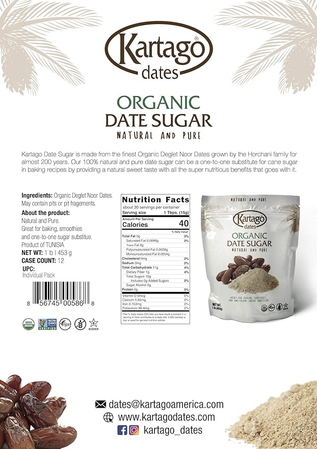 Organic Date Sugar - Sugar Substitute from Kartago, 1lb Single Pack