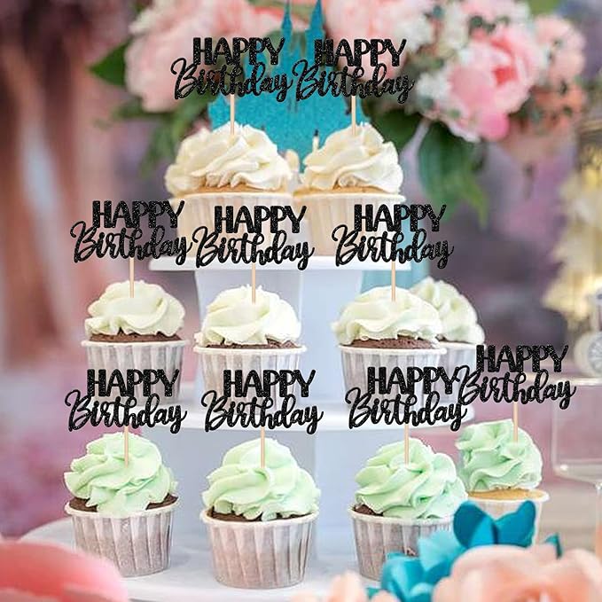 30 PCS Happy Birthday Cupcake Toppers Glitter Happy Birthday Cupcake Picks for Celebrating Birthday Anniversary Theme Party Cake Decorations Supplies Black