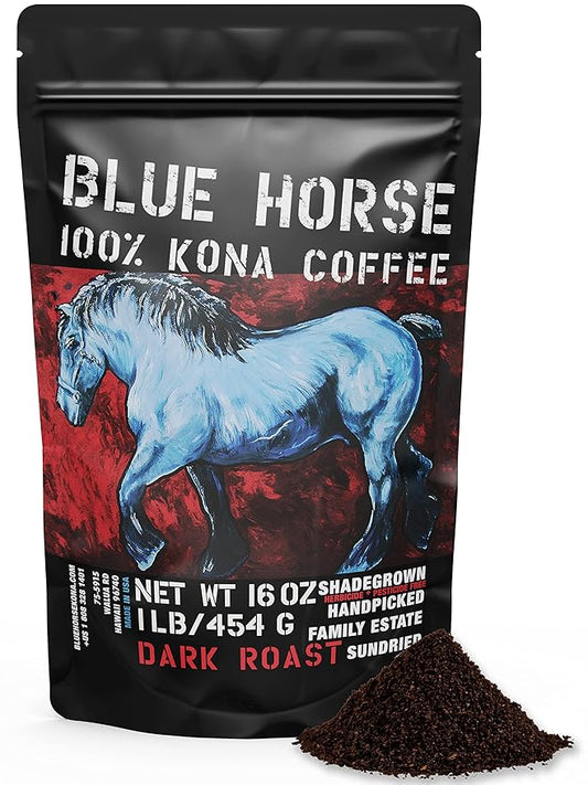 Blue Horse 100% Kona Coffee, Dark Roast Ground Arabica, 16 oz (1 lb) Bag. Farm Fresh Hawaiian Coffee, Smooth & Bold Flavor, Hand-Picked & Sun-Dried for Rich Aroma