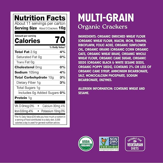 Milton's Organic Crackers, Multi-Grain - Certified Organic, Non-GMO Project Verified, Kosher, Made With 4 Whole Grains & 3 Seeds, Great for Charcuterie Boards - 6 Oz, Pack of 3