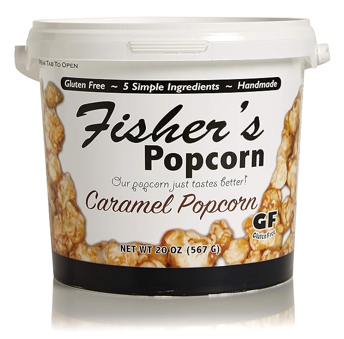 Fisher's Popcorn Caramel Popcorn, Gluten Free, 5 Simple Ingredients, Handmade, No Preservatives, No High Fructose Corn Syrup, Zero Trans Fat, 20oz Tub