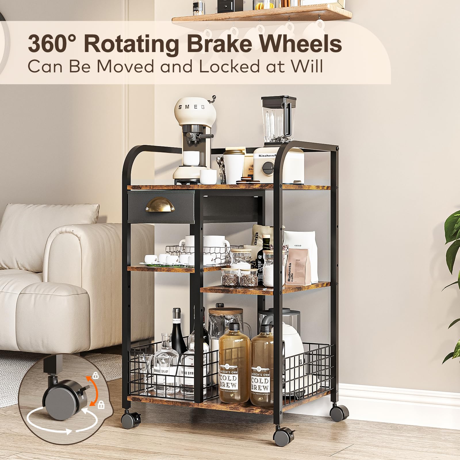 keomaisyto Coffee Cart with Storage Drawer, Coffee Bar Cabinet with Wheels, 4-Tier Adjustable
