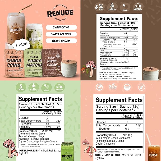 Renude Variety Pack - Mushroom Matcha, Coffee & Hot Chocolate, Cacao Powder, Natural Vegan Superfoods, Coffee Alternative with Chaga & Reishi - 2 Chagaccino, 2 Chaga Matcha, 2 Reishi Cacao (6 Count)