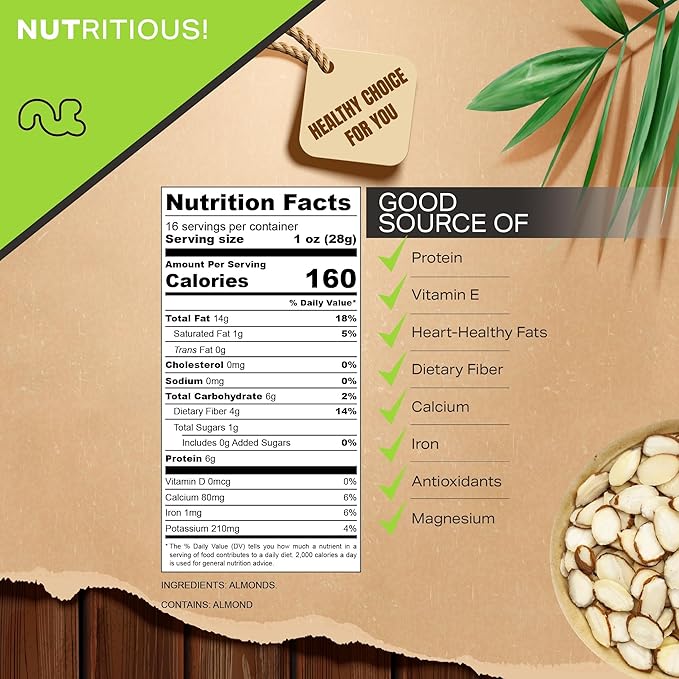 NUT CRAVINGS - Natural Sliced Almonds - Raw, (16oz - 1 LB) Packed Fresh in Resealable Bag - Nut Snack - Food Assortments Ideal for Trail Mixed Nuts