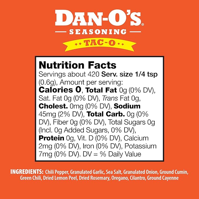 Dan-O's Tac-O Seasoning, 8.9 oz Bottle, All Purpose Taco Seasoning for Tacos, Quesadillas, Ground Beef, Guac and More, Sugar Free, Zero Calorie, Use this Spice Blend for a Flavorful Kick to Any Dish